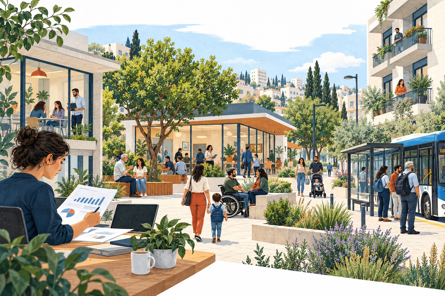 איור של שכונה ישראלית, שירותים קהילתיים ואנשים בחיי היומיום